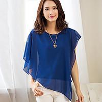 Women\'s Casual Sexy Summer Irregular Blouse Chiffon Shirt Solid Color Round Neck Short Sleeve Bat Shirt