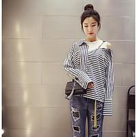 womens daily simple shirt striped asymmetrical long sleeve cotton