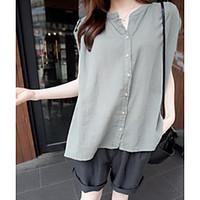 Women\'s Casual/Daily Simple Summer Shirt, Solid Round Neck Short Sleeve Linen Thin