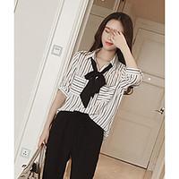 Women\'s Casual/Daily Simple Spring Summer Shirt, Striped Shirt Collar ½ Length Sleeve Others Thin