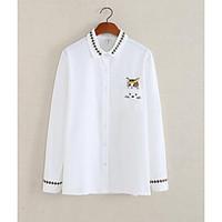 Women\'s Casual/Daily Simple Spring Summer Shirt, Solid Embroidered Shirt Collar Long Sleeve Cotton Thin