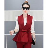 Women\'s Going out Casual/Daily Vintage Street chic Summer Fall Shirt Pant Suits, Solid V Neck 3/4 Sleeve Micro-elastic