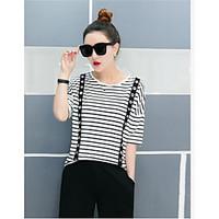 Women\'s Casual/Daily Street chic Spring T-shirt Pant Suits, Solid Round Neck ½ Length Sleeve