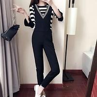 Women\'s Going out Cute Spring Shirt Pant Suits, Striped Deep V Long Sleeve Cotton Micro-elastic