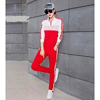 Women\'s Casual/Daily Simple Spring Fall T-shirt Pant Suits, Solid Shirt Collar Long Sleeve Patchwork Cotton Acrylic Silk Inelastic