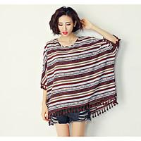 Women\'s Casual/Daily Vintage T-shirt, Striped Color Block Round Neck ¾ Sleeve Cotton