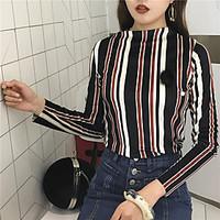 womens casualdaily vintage t shirt striped color block stand long slee ...