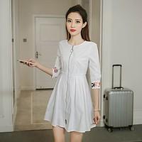 Women\'s Casual/Daily Cute A Line Dress, Solid Round Neck Above Knee ¾ Sleeve Cotton Spring Mid Rise Micro-elastic Thin