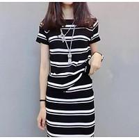 Women\'s Going out Casual/Daily Simple Shift Dress, Striped Round Neck Midi Short Sleeve Cotton Summer Mid Rise Micro-elastic Medium