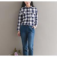 womens casualdaily simple shirt check shirt collar long sleeve cotton