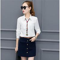 Women\'s Casual/Daily Simple Summer Blouse Skirt Suits, Solid Shirt Collar Long Sleeve