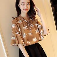 womens daily simple blouse animal print round neck length sleeve polye ...