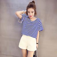 Women\'s Daily Simple Blouse, Striped V Neck Short Sleeve Polyester