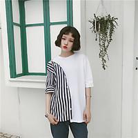 Women\'s Casual/Daily Simple Street chic T-shirt, Striped Color Block Round Neck ½ Length Sleeve Cotton