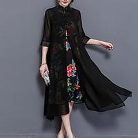 Women\'s Plus Size Going out Vintage Sophisticated A Line Dress, Print Stand Midi ½ Length Sleeve Silk Polyester Summer Mid Rise