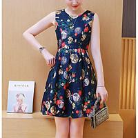 Women\'s Casual/Daily Simple Swing Dress, Floral Round Neck Knee-length Sleeveless Polyester Summer Mid Rise Inelastic Thin