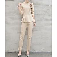 womens work simple spring blouse pant suits solid round neck long slee ...