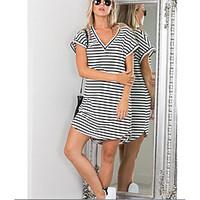 Women\'s Going out Party Sheath Dress, Solid Striped Round Neck Above Knee Short Sleeve Cotton Summer High Rise Micro-elastic Thin