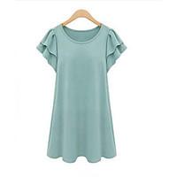 Women\'s Casual/Daily Simple Loose Dress, Solid Round Neck Knee-length Short Sleeve Cotton Summer Mid Rise Inelastic Thin