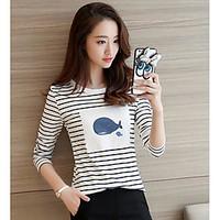 womens formal simple t shirt striped round neck long sleeve cotton