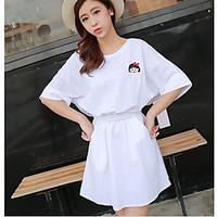 Women\'s Going out Street chic A Line Dress, Solid Round Neck Above Knee Short Sleeve Cotton Spring Mid Rise Micro-elastic Medium