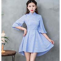 Women\'s Going out A Line Dress, Striped Stand Mini ½ Length Sleeve Cotton Summer Mid Rise Micro-elastic Medium