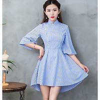 womens going out a line dress striped stand mini length sleeve cotton  ...