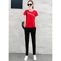womens sports active summer t shirt pant suits letter round neck short ...