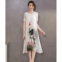 Women\'s Casual/Daily Simple A Line Dress, Floral Round Neck Midi Short Sleeve Silk Summer Mid Rise Micro-elastic Medium