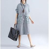 Women\'s Casual/Daily Simple Shirt Dress, Solid Shirt Collar Midi ¾ Sleeve Linen Summer Mid Rise Micro-elastic Medium