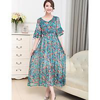 Women\'s Casual/Daily Swing Dress, Print V Neck Maxi Knee-length ½ Length Sleeve Chiffon Summer High Rise Inelastic Thin