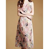 Women\'s Casual/Daily Sheath Dress, Print Round Neck Midi Sleeveless Polyester Summer Mid Rise Inelastic Thin
