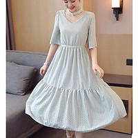 Women\'s Casual/Daily Simple Loose Dress, Solid Round Neck Midi Short Sleeve Cotton Summer High Rise Micro-elastic Thin