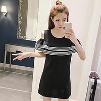 Women\'s Casual/Daily Simple Sheath Dress, Striped Round Neck Above Knee Short Sleeve Cotton Summer Mid Rise Micro-elastic Medium