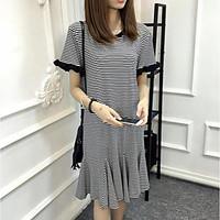Women\'s Casual/Daily Simple Loose Dress, Striped Round Neck Above Knee Short Sleeve Cotton Summer Mid Rise Micro-elastic Medium