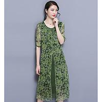 Women\'s Casual/Daily Simple Sheath Dress, Floral Round Neck Midi Short Sleeve Silk Summer Mid Rise Micro-elastic Medium