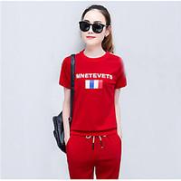 Women\'s Sports Active Summer T-shirt Pant Suits, Letter Round Neck Short Sleeve Micro-elastic
