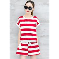 Women\'s Casual/Daily Active Summer Shirt Pant Suits, Striped Round Neck Short Sleeve