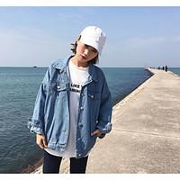 Women\'s Casual/Daily Vintage Spring Fall Denim Jacket, Letter Solid Shirt Collar Long Sleeve Regular Others