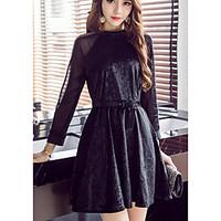 womens party vintage a line dress solid round neck above knee long sle ...