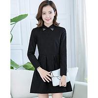 Women\'s Casual/Daily Skater Dress, Solid Shirt Collar Above Knee Long Sleeve Cotton Summer High Rise Micro-elastic Thin