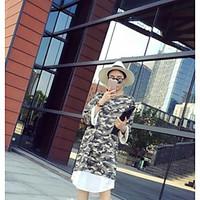 Women\'s Casual/Daily Loose Dress, Camouflage Round Neck Asymmetrical ¾ Sleeve Cotton Summer Mid Rise Inelastic Thin