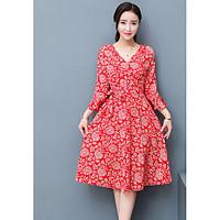 Women\'s Going out A Line Dress, Floral V Neck Knee-length ¾ Sleeve Others Spring Summer Mid Rise Inelastic Thin