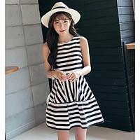 Women\'s Casual/Daily Simple A Line Dress, Striped Round Neck Above Knee Sleeveless Cotton Summer High Rise Inelastic Thin