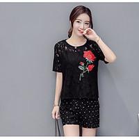 Women\'s Casual/Daily Simple Summer T-shirt Pant Suits, Floral Round Neck Short Sleeve Lace Micro-elastic