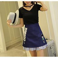 Women\'s Going out Casual/Daily Simple Summer T-shirt Skirt Suits, Solid Letter V Neck Short Sleeve