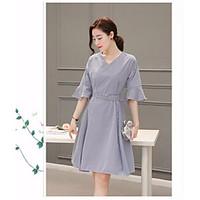 Women\'s Going out A Line Dress, Striped V Neck Midi ½ Length Sleeve Other Spring Summer High Rise Micro-elastic Medium