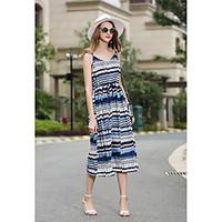 Women\'s Beach Holiday Vintage Sophisticated Swing Dress, Color Block V Neck Maxi Sleeveless Polyester Summer Mid Rise Micro-elastic Medium
