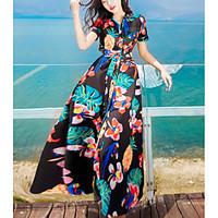 Women\'s Going out Loose Dress, Print V Neck Maxi Short Sleeve Polyester Spring Low Rise Inelastic Thin