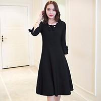 Women\'s Going out Casual/Daily A Line Dress, Solid Deep U Knee-length ¾ Sleeve Polyester Summer Mid Rise Micro-elastic Medium